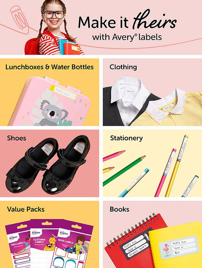 Avery Self Laminating Labels, waterproof name labels, lunchbox labels, water bottle labels, school labels, 86 x 17 mm, 24 Labels Per Pack, Neon Colours