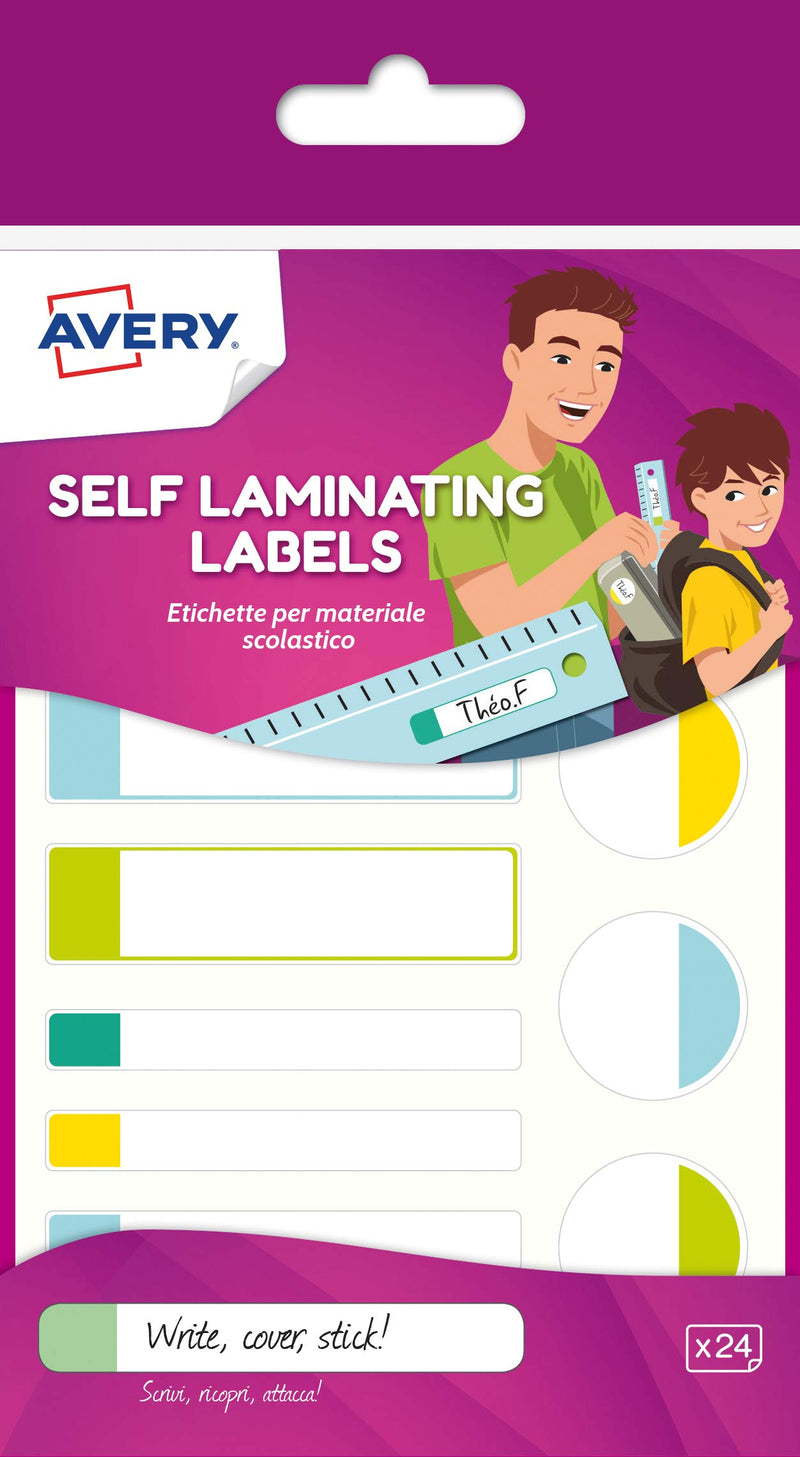 Avery Self Laminating Labels, Waterproof Name Labels, Lunchbox Labels, Water Bottle Labels, School Labels, 86 x 17 mm, 24 Labels Per Pack, Pastel Colours (Pack of 2