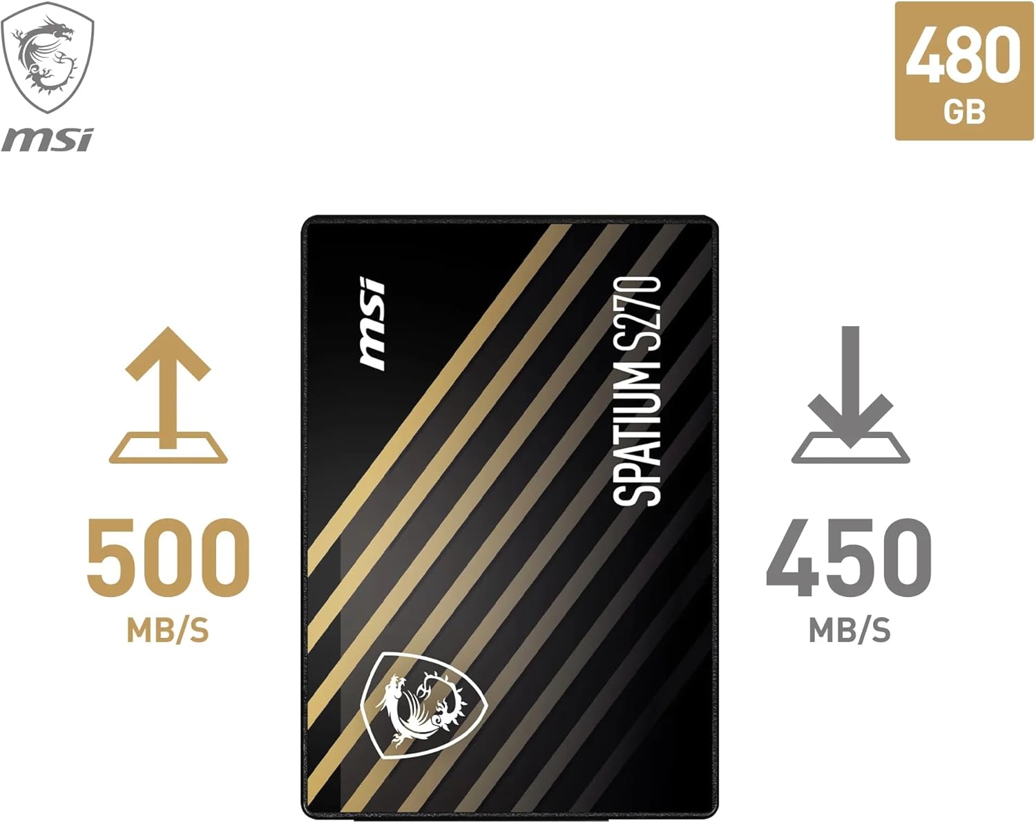 MSI SPATIUM S270 SATA 2.5 480GB - Internal Solid State Drive, 500MB/s Read & 450MB/s Write, 3D NAND, Built-In Data Security, MSI Center - 5 Year Warranty (250 TBW