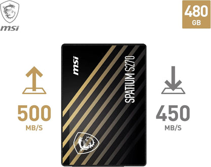 MSI SPATIUM S270 SATA 2.5 480GB - Internal Solid State Drive, 500MB/s Read & 450MB/s Write, 3D NAND, Built-In Data Security, MSI Center - 5 Year Warranty (250 TBW
