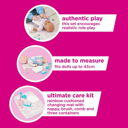 Casdon Baby Huggles Changing Mat Set. Dolls Changing Mat For Children Aged 3+. Includes Reusable Nappy, Brush, Pretend Talc And More, Pink
