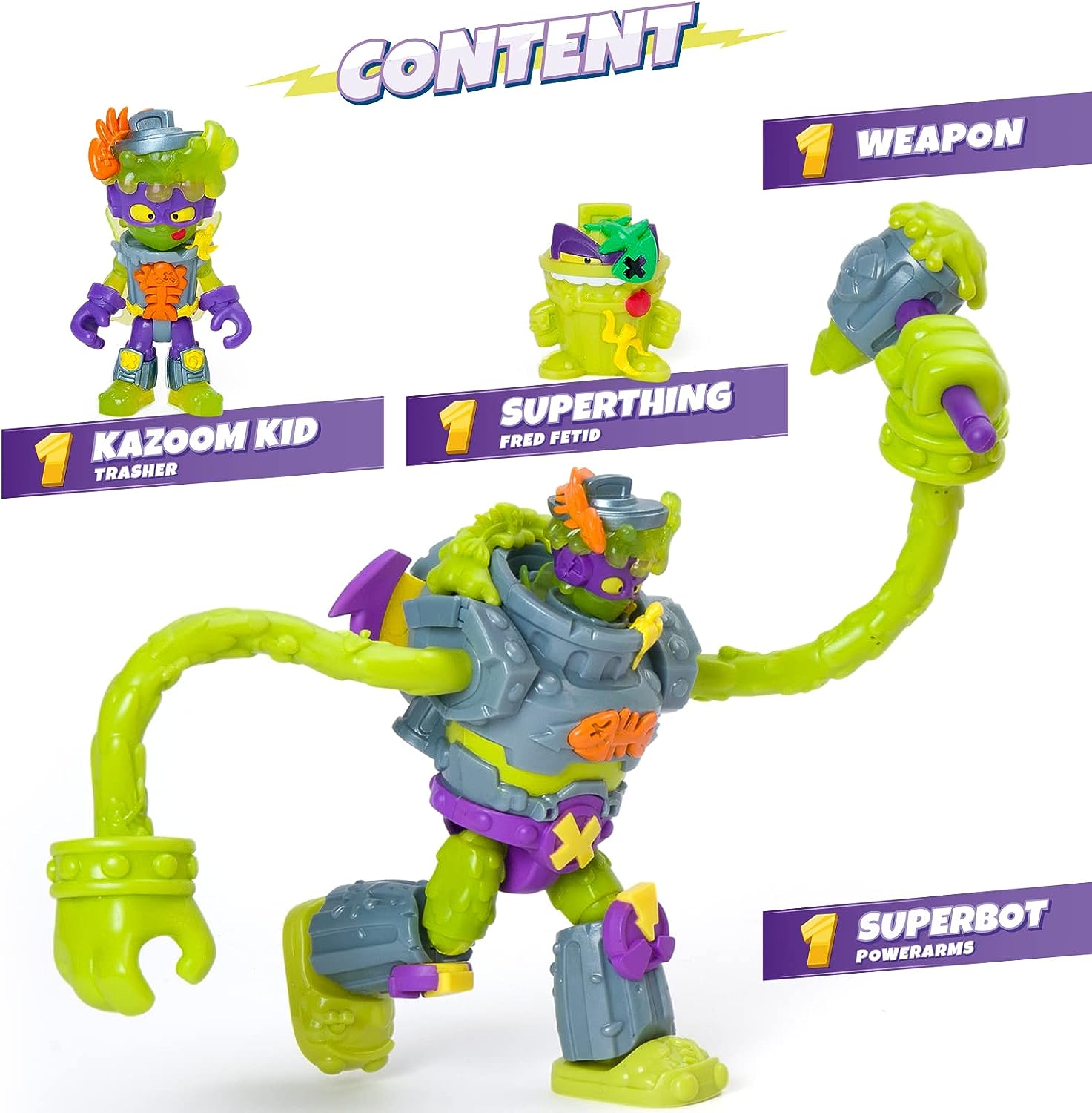 SUPERTHINGS Superbot Power Arms Trasher – Articulated villain robot with flexible arms and combat accessory. Includes 1 exclusive Kazoom Kid and 1 exclusive SuperThing