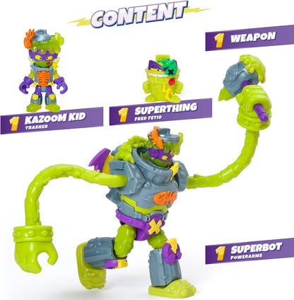 SUPERTHINGS Superbot Power Arms Trasher – Articulated villain robot with flexible arms and combat accessory. Includes 1 exclusive Kazoom Kid and 1 exclusive SuperThing
