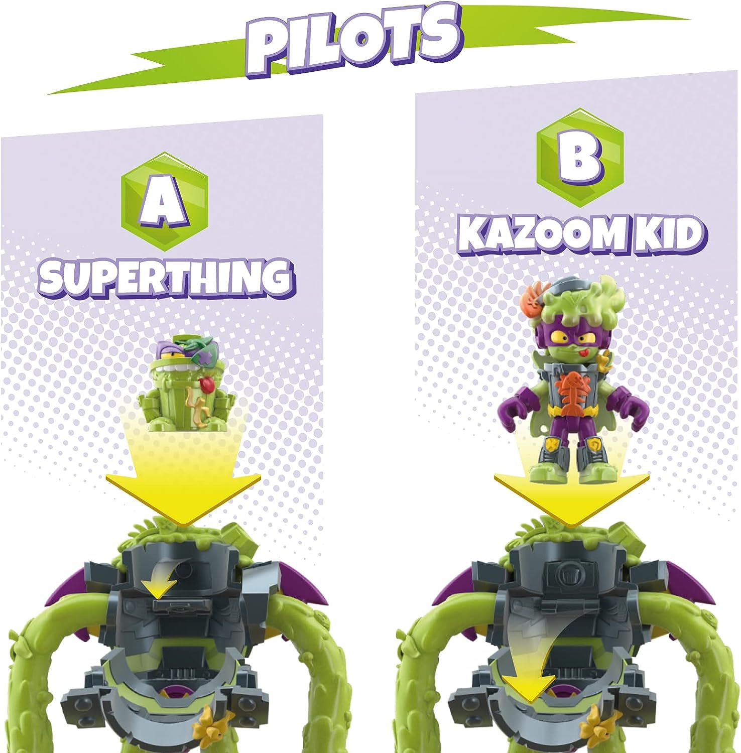 SUPERTHINGS Superbot Power Arms Trasher – Articulated villain robot with flexible arms and combat accessory. Includes 1 exclusive Kazoom Kid and 1 exclusive SuperThing
