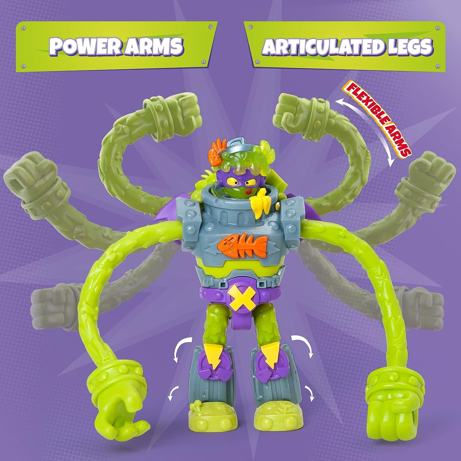 SUPERTHINGS Superbot Power Arms Trasher – Articulated villain robot with flexible arms and combat accessory. Includes 1 exclusive Kazoom Kid and 1 exclusive SuperThing