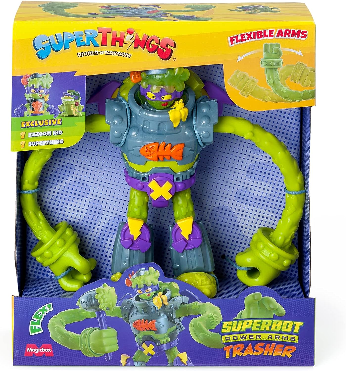SUPERTHINGS Superbot Power Arms Trasher – Articulated villain robot with flexible arms and combat accessory. Includes 1 exclusive Kazoom Kid and 1 exclusive SuperThing