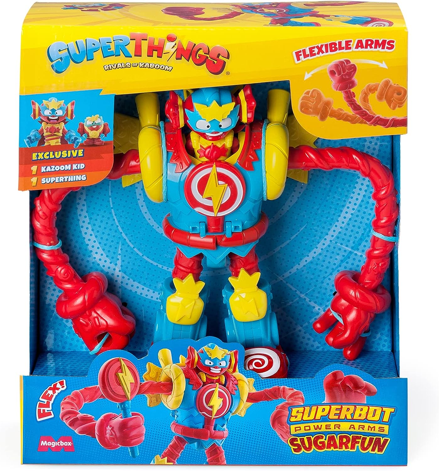 SUPERTHINGS Superbot Power Arms Sugarfun – Articulated hero robot with flexible arms and combat accessory. Includes 1 exclusive Kazoom Kid and 1 exclusive SuperThing
