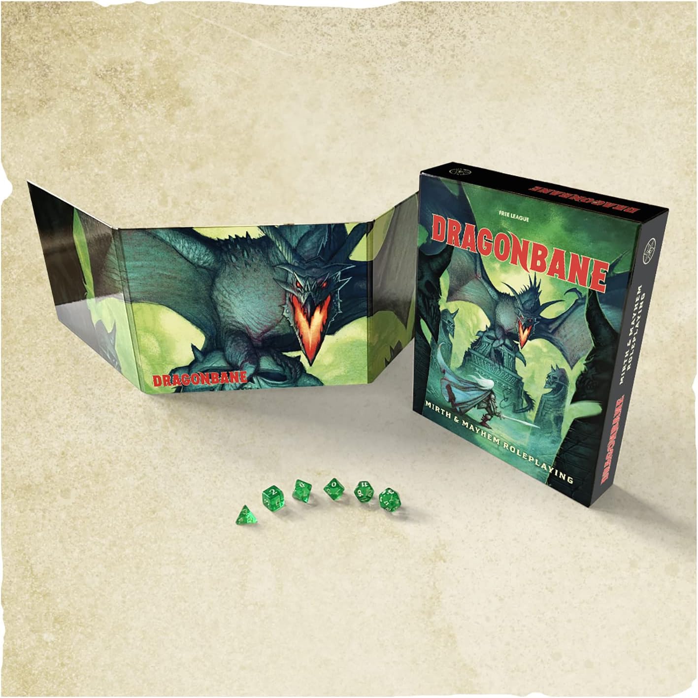 Dragonbane: Dice Set - 6 Piece Green Transparent Dice Set, Free League Publishing, Includes D4, D6, D8, D10, D12 & D20