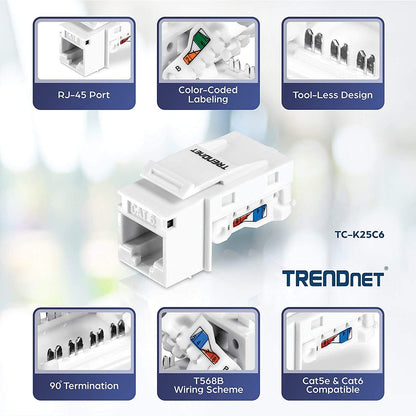 TRENDnet Cat6 Keystone Jack – 25-Pack, 90° Angle Termination, Colour-Coded Labelling for T568B Wiring, TC-K25C6, White 25-PACK Keystone Jack-25 Pack