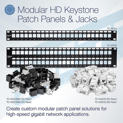 TRENDnet Cat6 Keystone Jack – 25-Pack, 90° Angle Termination, Colour-Coded Labelling for T568B Wiring, TC-K25C6, White 25-PACK Keystone Jack-25 Pack