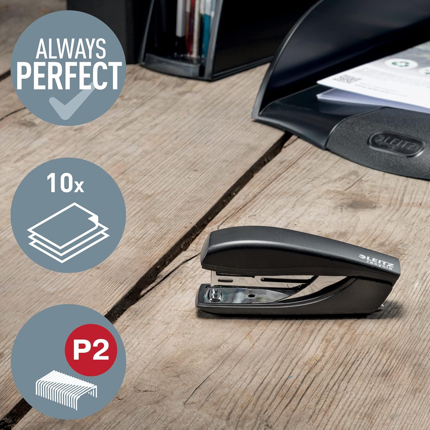 Leitz NeXXt Recycle Mini Stapler, 10 Sheets, Compact & Pocket Sized, With Staple Remover, Steel & Recycled Plastic, 100% Recyclable, CO2 Neutral, Eco Friendly, Recycle Range, Black, 56170095