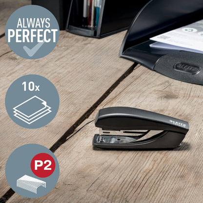 Leitz NeXXt Recycle Mini Stapler, 10 Sheets, Compact & Pocket Sized, With Staple Remover, Steel & Recycled Plastic, 100% Recyclable, CO2 Neutral, Eco Friendly, Recycle Range, Black, 56170095