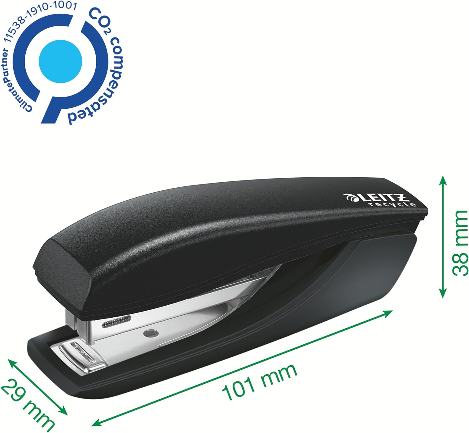 Leitz NeXXt Recycle Mini Stapler, 10 Sheets, Compact & Pocket Sized, With Staple Remover, Steel & Recycled Plastic, 100% Recyclable, CO2 Neutral, Eco Friendly, Recycle Range, Black, 56170095
