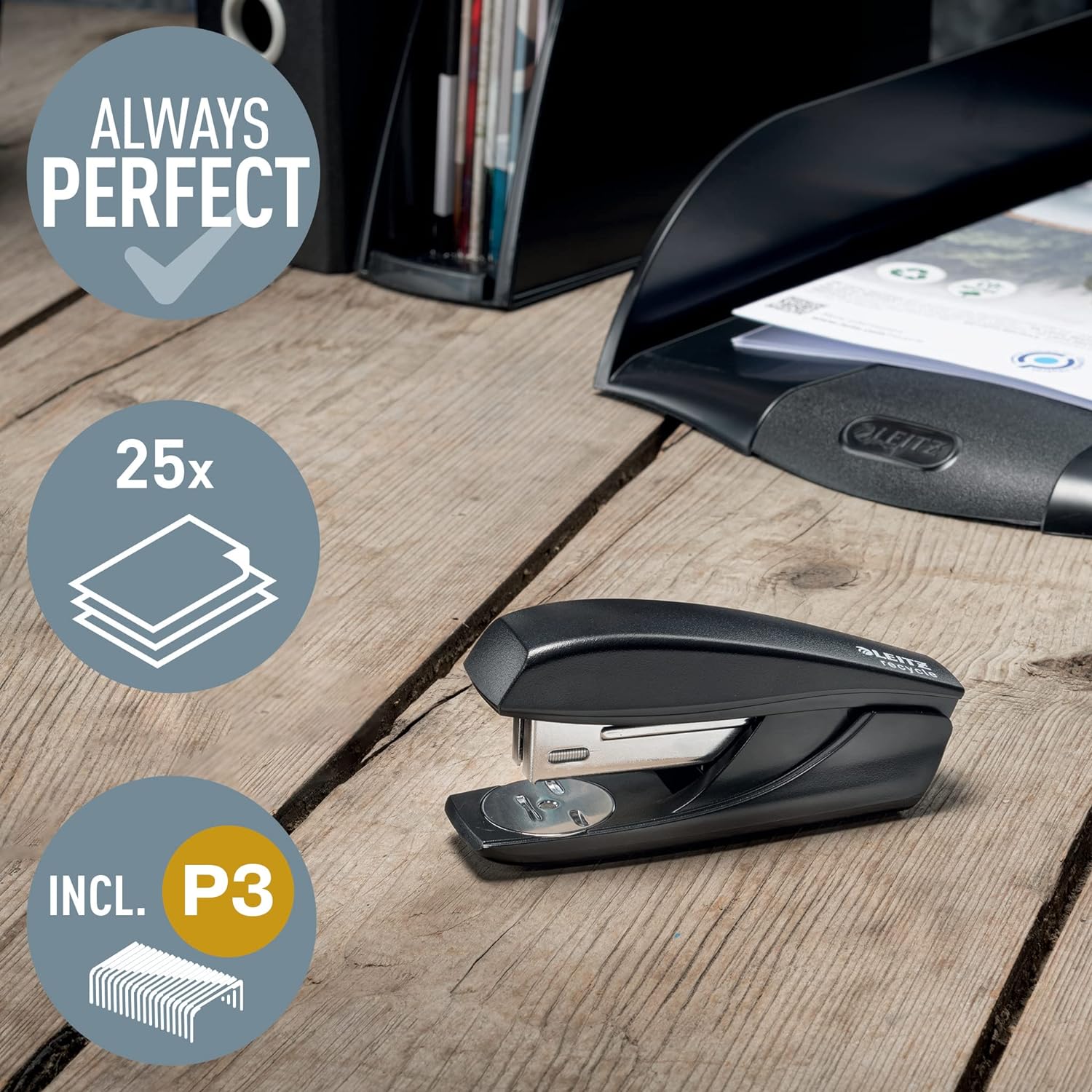 Leitz NeXXt Recycle Small Stapler, 25 Sheets, Compact & Pocket Sized, Includes 200 Staples, Steel & Recycled Plastic, 100% Recyclable, CO2 Neutral, Eco Friendly, Recycle Range, Black, 56060095