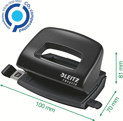 Leitz NeXXt Recycle Mini Hole Punch, 10 A4 Sheet Puncher, 100% Recyclable, Steel & Recycled Plastic, CO2 Neutral, Eco Friendly, Recycle Range, Black, 50100095