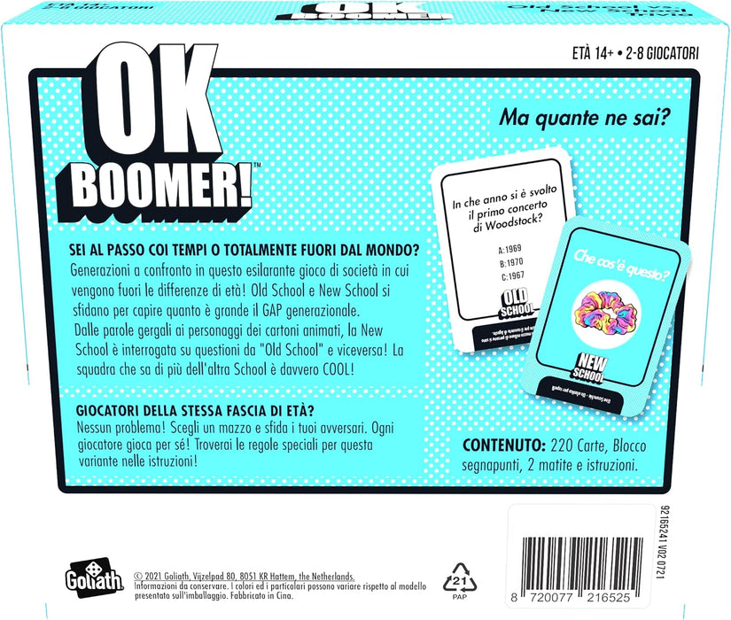 GOLIATH, OK Boomer! The iconic generational duel. Card game. Board games. Family games. Quizzes. Old School vs. New School. 14 years old, 2 to 8 players