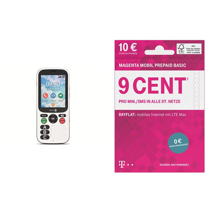 Doro 780X 4G GSM einfache Bedienung, schwarz-weiß, 380474 & Telekom MagentaMobil Prepaid Basic SIM-Karte ohne Vertragsbindung I 9 Ct pro Min und SMS in alle dt. Netze I 10 EUR Startguthaben Bundle mit Prepaid Basic SIM-Karte