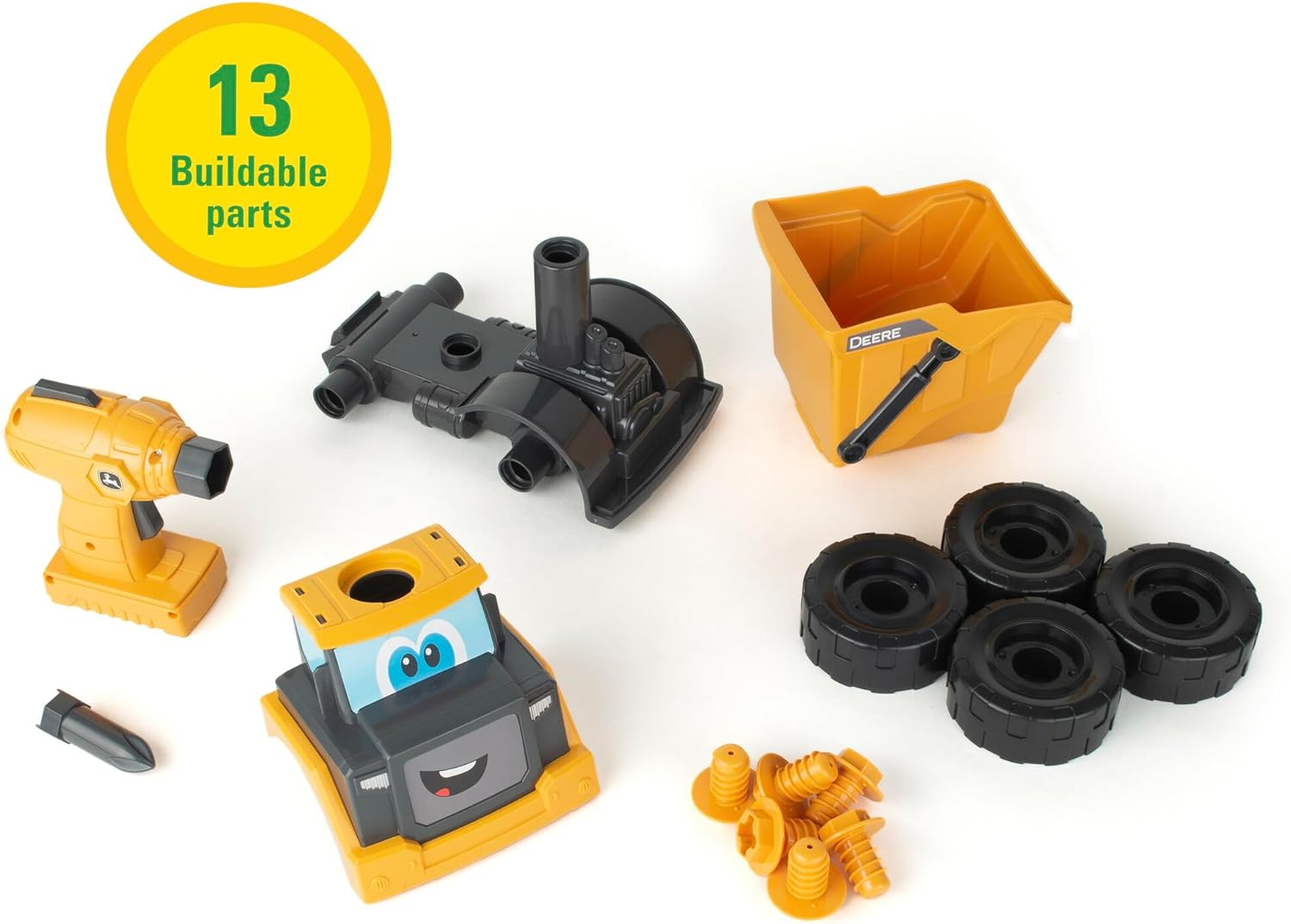 John Deere Kids Build-A-Buddy Yellow Dump Truck - 13 Piece Take Apart Toy Truck with Battery Powered Drill - Childs Farm Toy Cars - Educational STEAM Toys and STEM Toys - Plus 18 Month Old Baby Toys