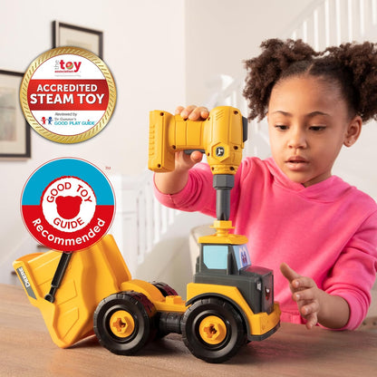 John Deere Kids Build-A-Buddy Yellow Dump Truck - 13 Piece Take Apart Toy Truck with Battery Powered Drill - Childs Farm Toy Cars - Educational STEAM Toys and STEM Toys - Plus 18 Month Old Baby Toys