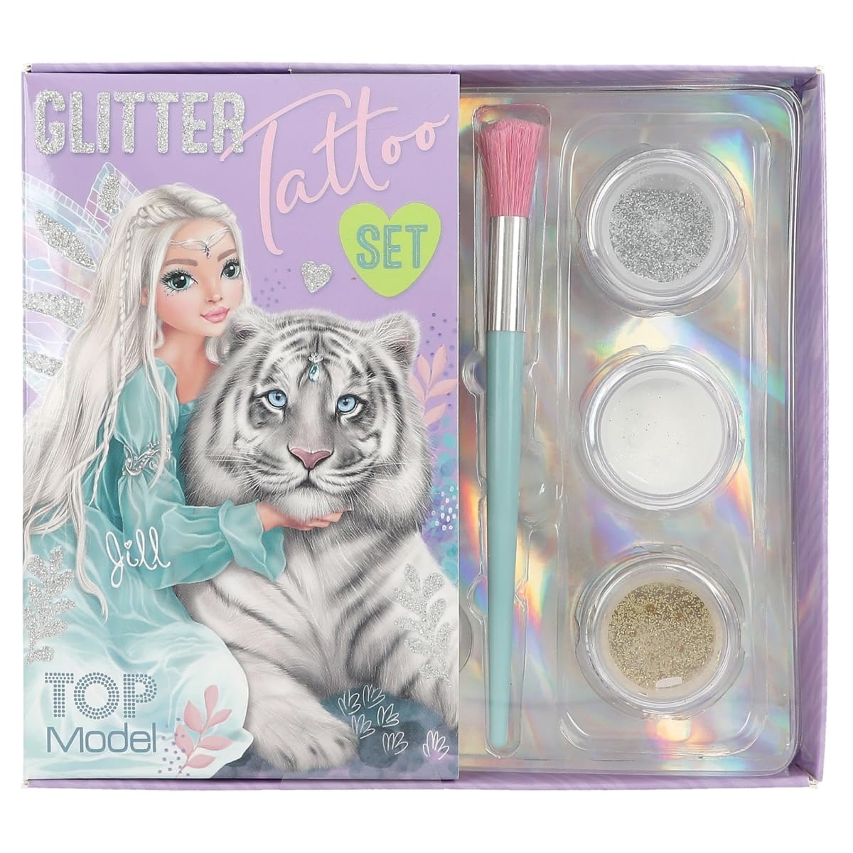 Depesche TOPModel Fantasy Tiger 12518 Glitter Tattoo Set for Children with 30 Adhesive Tattoos, 1 Brush and 3 Glitter Powders in Silver, White and Gold
