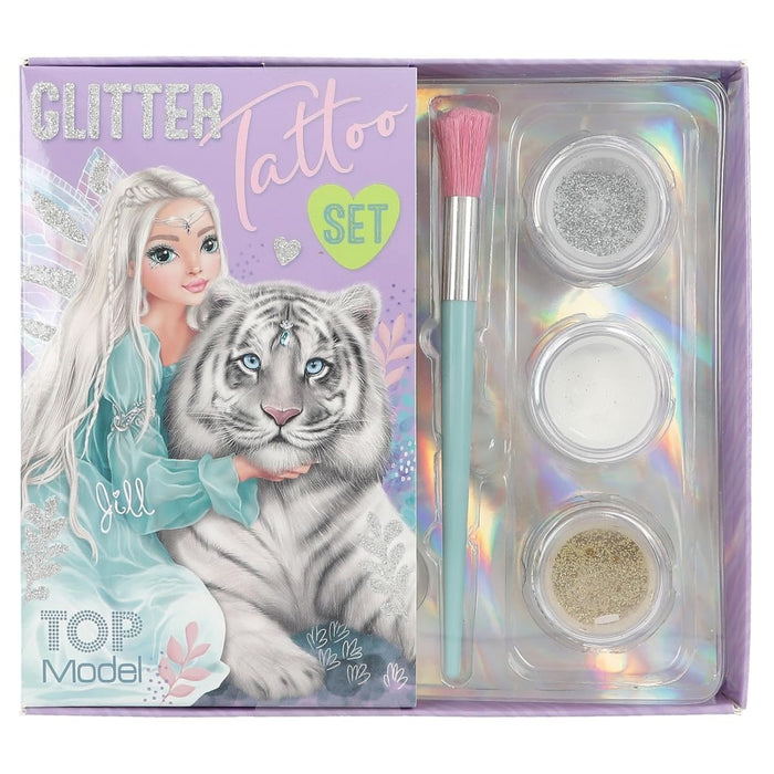 Depesche TOPModel Fantasy Tiger 12518 Glitter Tattoo Set for Children with 30 Adhesive Tattoos, 1 Brush and 3 Glitter Powders in Silver, White and Gold