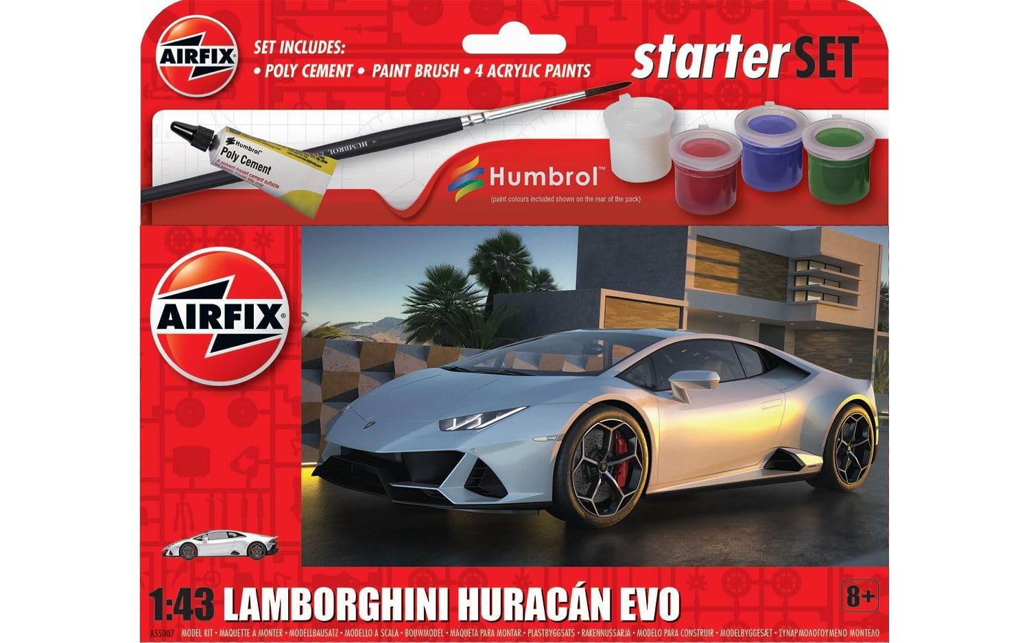 Airfix Starter Set - A55007 Lamborghini Huracán EVO Model Building Kit - Plastic Model Car Kits for Adults & Children 8+, Set Includes Decals, Acrylic Paints, Brushes & Poly Cement - 1:43 Scale Model