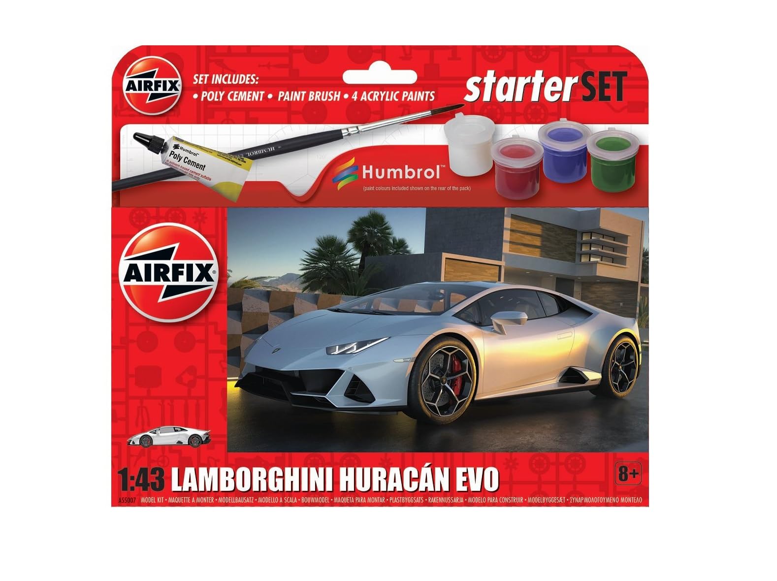 Airfix Starter Set - A55007 Lamborghini Huracán EVO Model Building Kit - Plastic Model Car Kits for Adults & Children 8+, Set Includes Decals, Acrylic Paints, Brushes & Poly Cement - 1:43 Scale Model