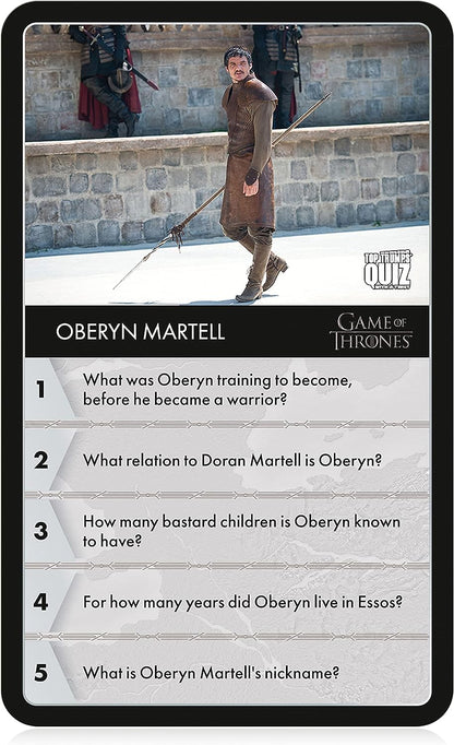 Top Trumps Game of Thrones Quiz Trivia Game, 100 categories to test your knowledge and memory featuring Tyrion Lannister, Cersei Lannister, Arya Stark, Daenerys Targaryen, 2+ player game for ages 18+