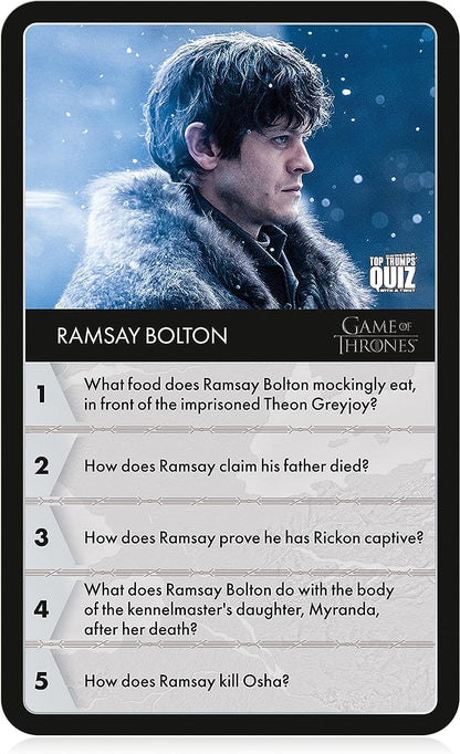 Top Trumps Game of Thrones Quiz Trivia Game, 100 categories to test your knowledge and memory featuring Tyrion Lannister, Cersei Lannister, Arya Stark, Daenerys Targaryen, 2+ player game for ages 18+