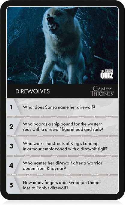 Top Trumps Game of Thrones Quiz Trivia Game, 100 categories to test your knowledge and memory featuring Tyrion Lannister, Cersei Lannister, Arya Stark, Daenerys Targaryen, 2+ player game for ages 18+