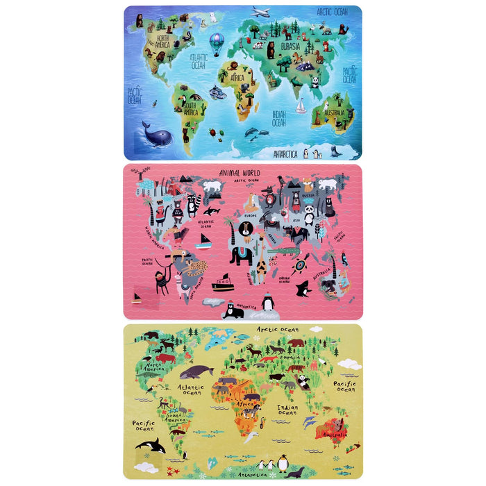 World Map Placemats Set of 3 Kids Educational Animal Geography Place Mats for Kid Children’s Table Plastic Fun Toddlers Boys Girls Kitchen Dining Dinner Meal Table Mats Wipeable Waterproof