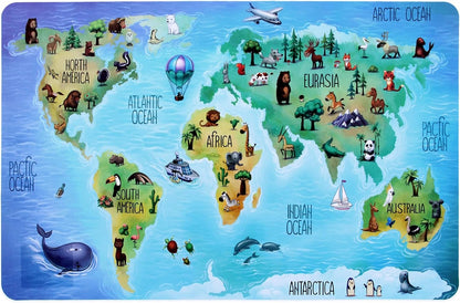 World Map Placemats Set of 3 Kids Educational Animal Geography Place Mats for Kid Children’s Table Plastic Fun Toddlers Boys Girls Kitchen Dining Dinner Meal Table Mats Wipeable Waterproof