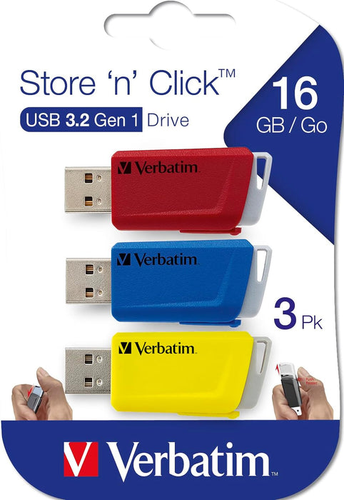Verbatim Store 'n' Click USB-Stick 3x - USB 3.2 Gen1-16GB - memory-stick with locking-mechanism - USB-3 stick - external storage for laptop notebook & co - up to 5Gbit/s - red blue yellow