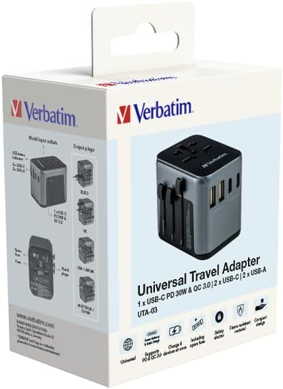 Verbatim Universele reisadapter UTA‑03, stekkeradapter met 2 USB‑A en 3 USB-C poorten, reisstekker voor laptop, mobiele telefoon, camera en co, wereldwijd inzetbaar, 100-250 V