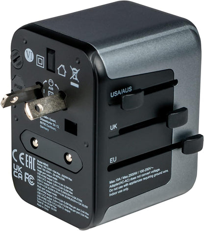 Verbatim Universele reisadapter UTA‑03, stekkeradapter met 2 USB‑A en 3 USB-C poorten, reisstekker voor laptop, mobiele telefoon, camera en co, wereldwijd inzetbaar, 100-250 V