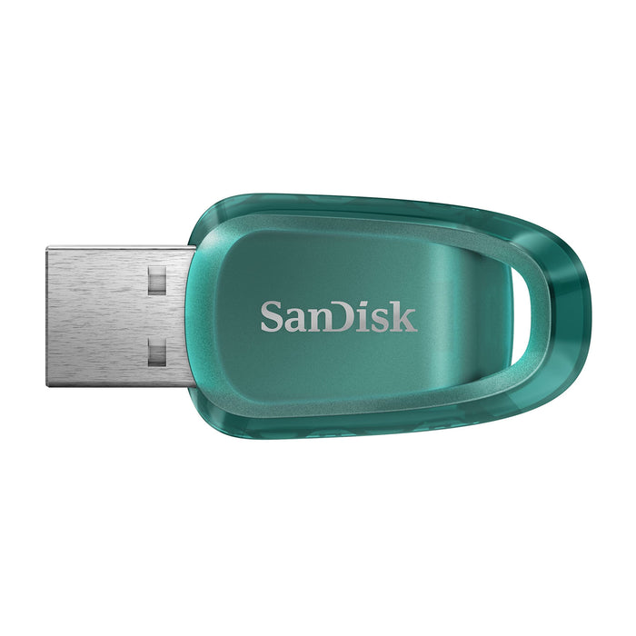 SanDisk Ultra Eco 64GB USB 3.2 Flash Drive with up to 100MB/s read speed. A flash drive made with over 70% recycled plastic