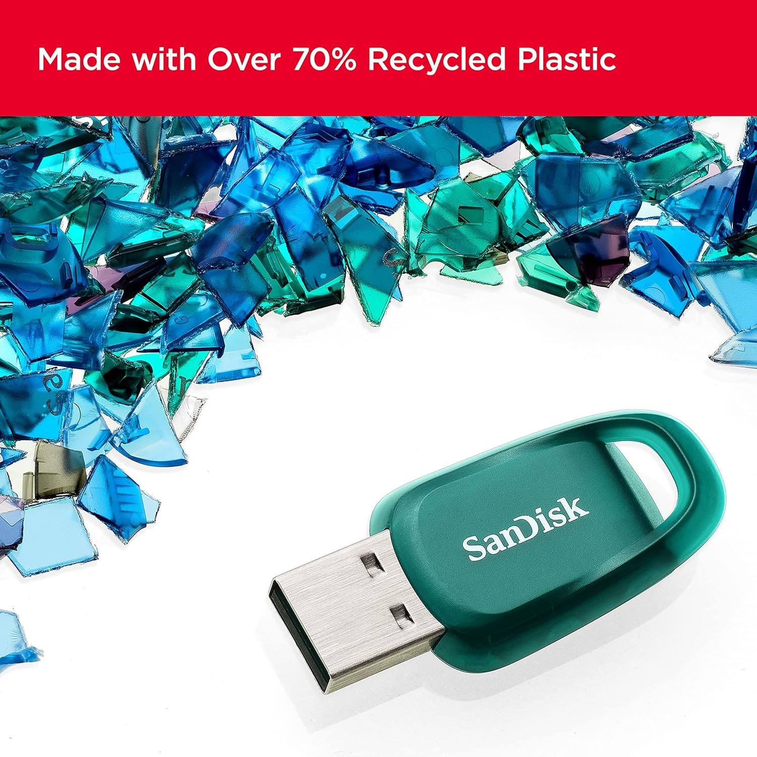SanDisk Ultra Eco 64GB USB 3.2 Flash Drive with up to 100MB/s read speed. A flash drive made with over 70% recycled plastic