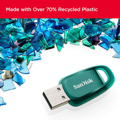 SanDisk Ultra Eco 64GB USB 3.2 Flash Drive with up to 100MB/s read speed. A flash drive made with over 70% recycled plastic