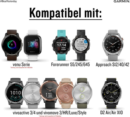 Garmin Schnellwechsel-Armband 20mm, passend für Venu, Venu 2Plus, Venu SQ/ SQ2, vivoactive 3/5, vivomove- Serie, Forerunner 55/245/ 645, Approach S40/ S42/ S12, D2 Air Silikon Schwarz