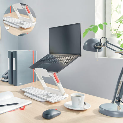 Leitz Height Adjustable Multi-Angle Laptop Stand, Six Pre-Set Height & Angle Combinations, Compact Footprint, Desktop/Tabletop Riser Stand, For 13" - 15" Laptops/Monitors, Ergo Range, White, 64240001