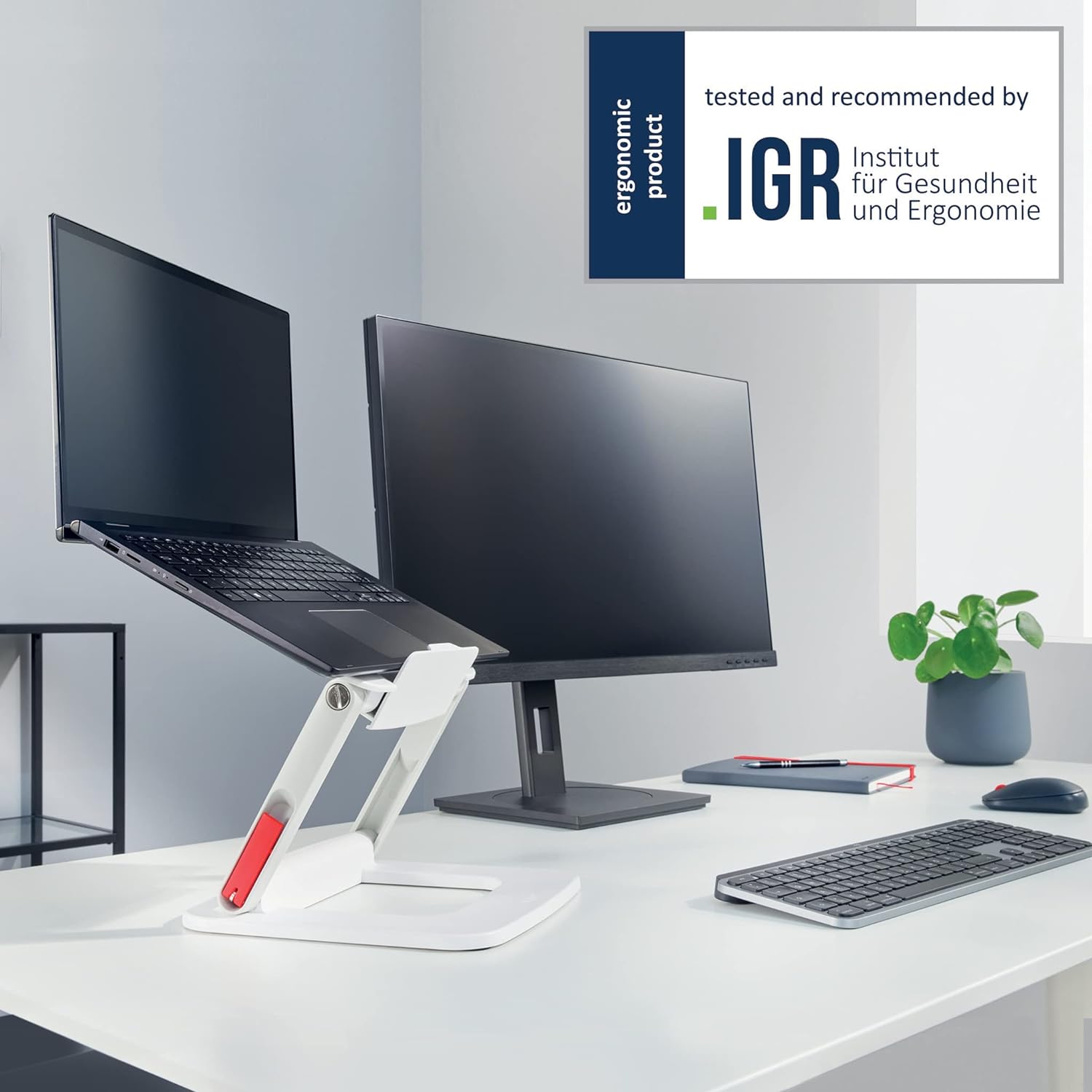 Leitz Height Adjustable Multi-Angle Laptop Stand, Six Pre-Set Height & Angle Combinations, Compact Footprint, Desktop/Tabletop Riser Stand, For 13" - 15" Laptops/Monitors, Ergo Range, White, 64240001