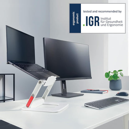 Leitz Height Adjustable Multi-Angle Laptop Stand, Six Pre-Set Height & Angle Combinations, Compact Footprint, Desktop/Tabletop Riser Stand, For 13" - 15" Laptops/Monitors, Ergo Range, White, 64240001