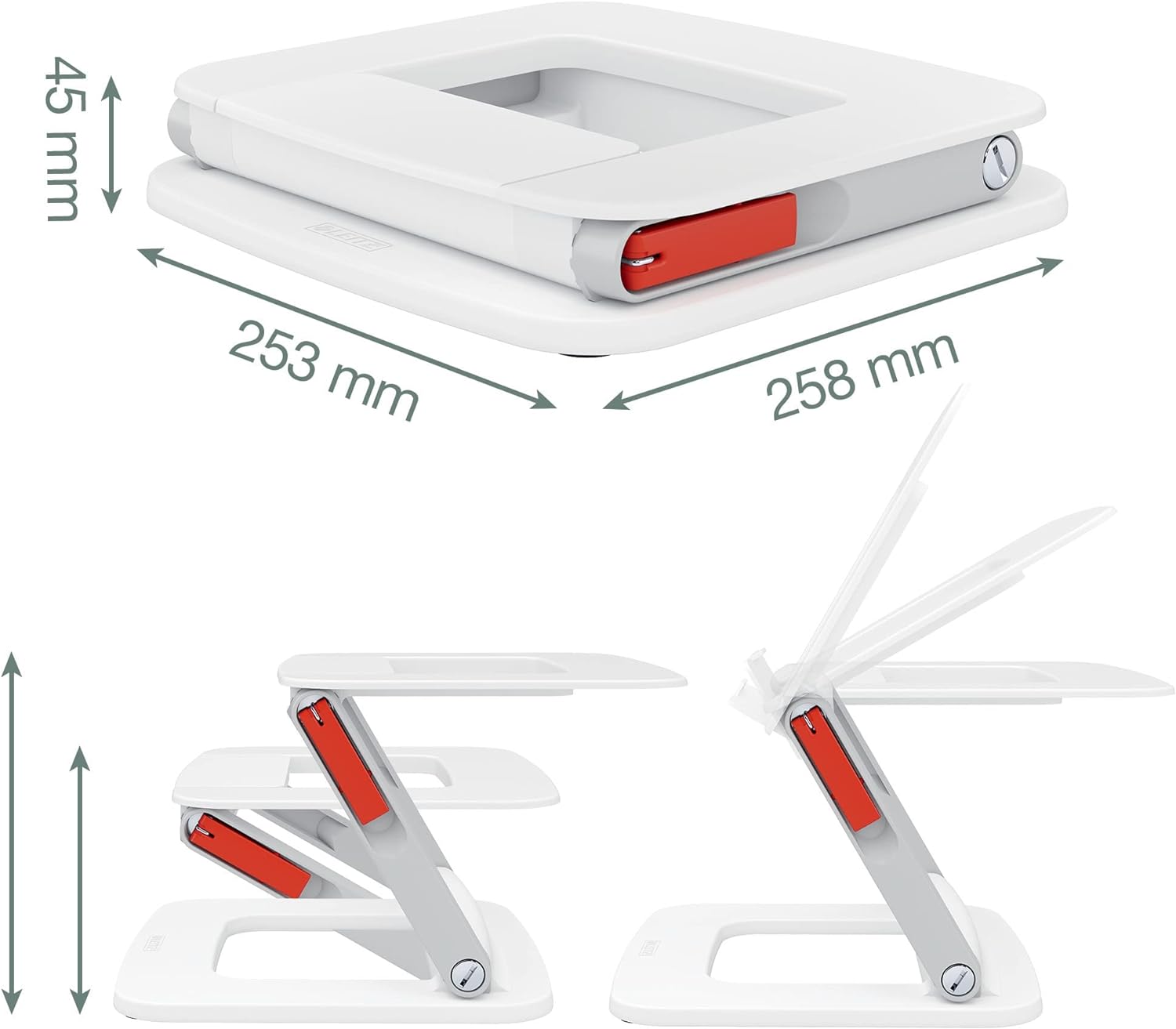 Leitz Height Adjustable Multi-Angle Laptop Stand, Six Pre-Set Height & Angle Combinations, Compact Footprint, Desktop/Tabletop Riser Stand, For 13" - 15" Laptops/Monitors, Ergo Range, White, 64240001