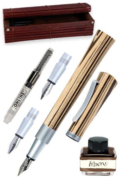 ONLINE Kalligraphie-Füllhalter Newood, Schönschreib-Füller, natürliches Wawa-Holz in braun, 3 Strichstärken 0,8 1,4 und 1,8 mm, enthält ein Tintenglas mit brauner Tinte (15ml), in Geschenkbox Kalligraphie Set Braun + Tintenglas