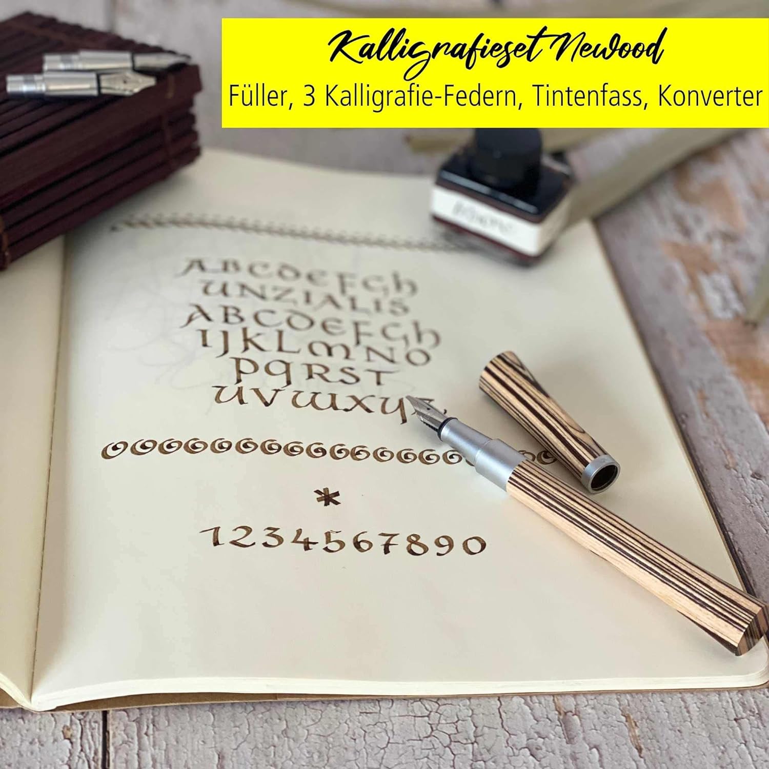 ONLINE Kalligraphie-Füllhalter Newood, Schönschreib-Füller, natürliches Wawa-Holz in braun, 3 Strichstärken 0,8 1,4 und 1,8 mm, enthält ein Tintenglas mit brauner Tinte (15ml), in Geschenkbox Kalligraphie Set Braun + Tintenglas