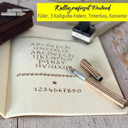 ONLINE Kalligraphie-Füllhalter Newood, Schönschreib-Füller, natürliches Wawa-Holz in braun, 3 Strichstärken 0,8 1,4 und 1,8 mm, enthält ein Tintenglas mit brauner Tinte (15ml), in Geschenkbox Kalligraphie Set Braun + Tintenglas