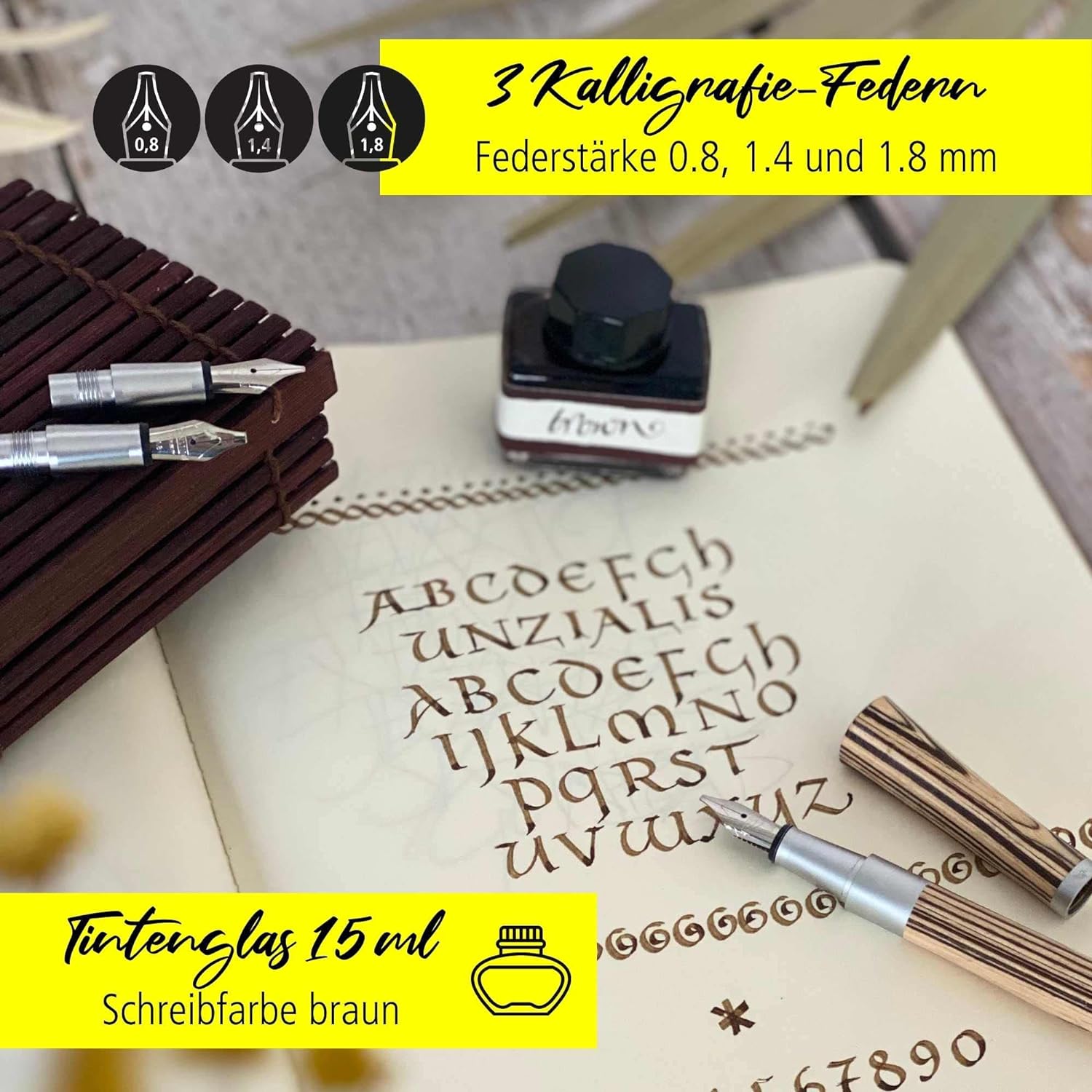 ONLINE Kalligraphie-Füllhalter Newood, Schönschreib-Füller, natürliches Wawa-Holz in braun, 3 Strichstärken 0,8 1,4 und 1,8 mm, enthält ein Tintenglas mit brauner Tinte (15ml), in Geschenkbox Kalligraphie Set Braun + Tintenglas