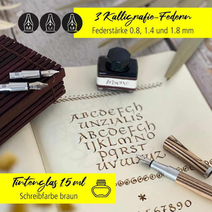 ONLINE Kalligraphie-Füllhalter Newood, Schönschreib-Füller, natürliches Wawa-Holz in braun, 3 Strichstärken 0,8 1,4 und 1,8 mm, enthält ein Tintenglas mit brauner Tinte (15ml), in Geschenkbox Kalligraphie Set Braun + Tintenglas