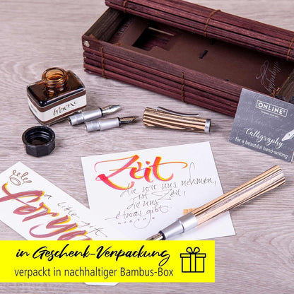 ONLINE Kalligraphie-Füllhalter Newood, Schönschreib-Füller, natürliches Wawa-Holz in braun, 3 Strichstärken 0,8 1,4 und 1,8 mm, enthält ein Tintenglas mit brauner Tinte (15ml), in Geschenkbox Kalligraphie Set Braun + Tintenglas