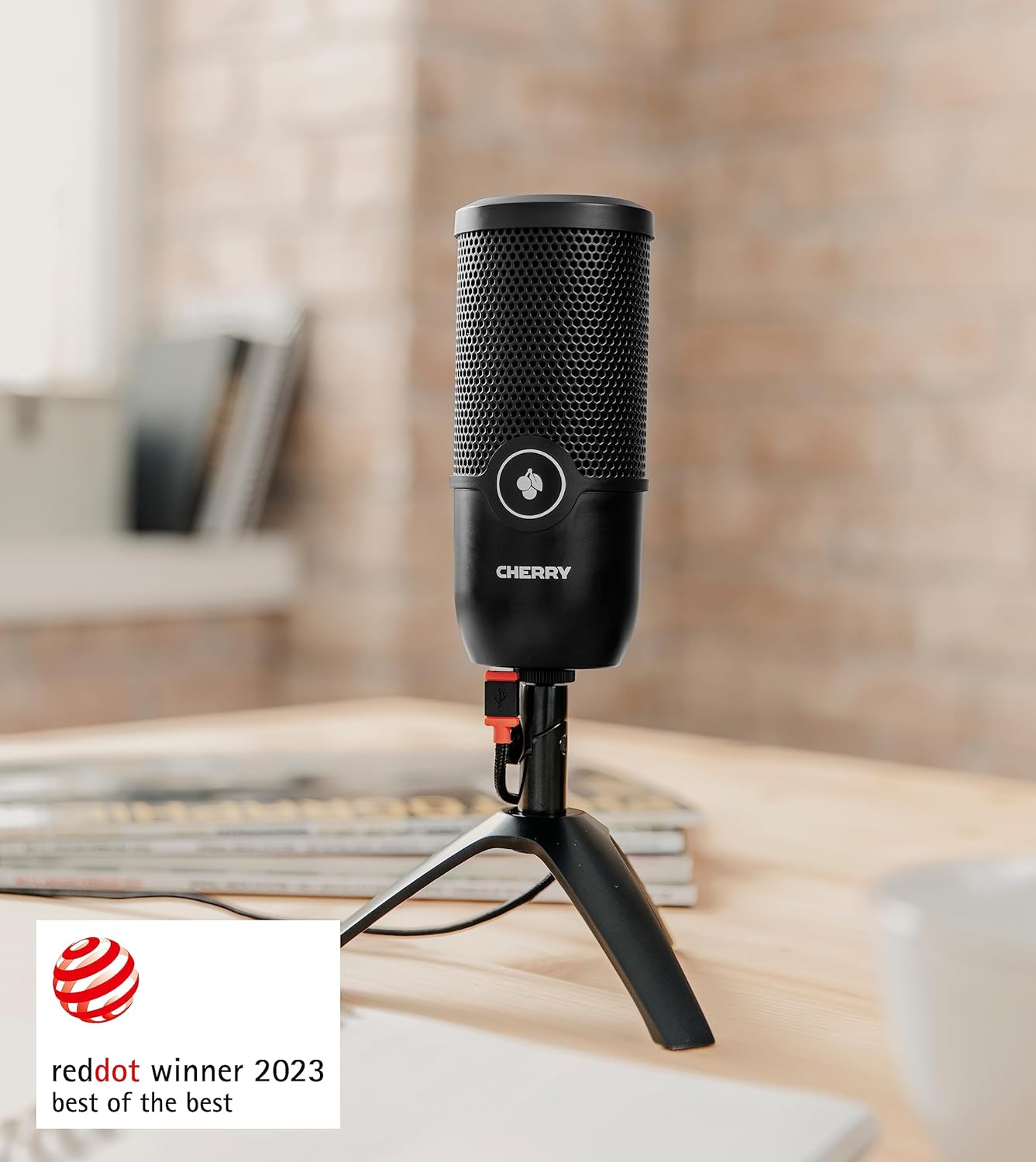 CHERRY UM 3.0, USB microphone for podcast, streaming, home office, cardioid, touch mute, headphone jack, compatible with PC/Mac/PS4/PS5, black